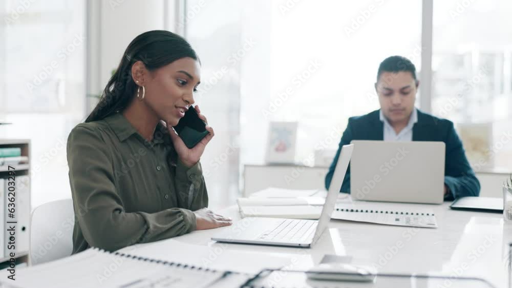 Phone call, laptop and business woman discussion of financial budget, company savings report or accounting data analysis. Administration, cellphone chat or accountant talking about revenue statistics Phone call, laptop and business woman discussion of financial budget, company savings report or accounting data analysis. Administration, cellphone chat or accountant talking about revenue statistics
