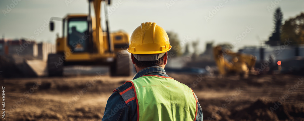 construction worker looking on the excavator at the construction site.