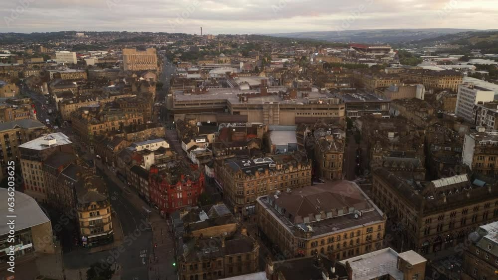 Establishing Drone Shot Over Bradford City Centre on Overcast Day Establishing Drone Shot Over Bradford City Centre on Overcast Day