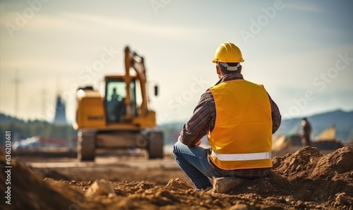 construction worker at construction site with excavator background