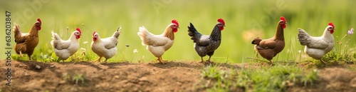 farm photo of chicken walking on the grass