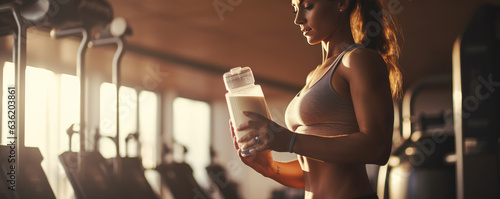 Healthy young woman is preparing protein shake after training in the gym. Fitness and healthy lifestyle. photo