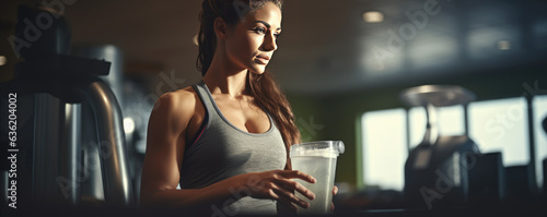 Healthy young woman is preparing protein shake after training in the gym. Fitness and healthy lifestyle, weight loss concept. photo