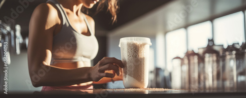 Healthy young woman is preparing protein shake after training in the gym. Fitness and healthy lifestyle, weight loss concept. photo