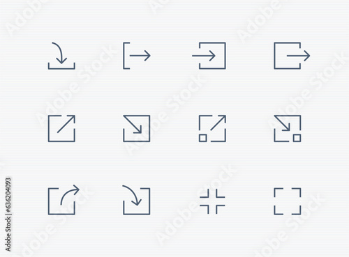 arrow icon set with square. download, import, export, shrink, expand line arrows. editable stroke vector illustration	