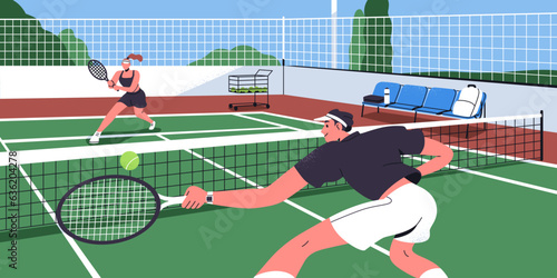 People playing tennis on court. Sport players with rackets and balls. Active outdoor game. Man and woman athletes opponents during match, healthy sportive leisure in summer. Flat vector illustration