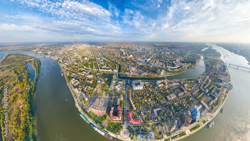 Astrakhan, Russia. Panorama of the city from the air in summer. Volga river. Aerial view