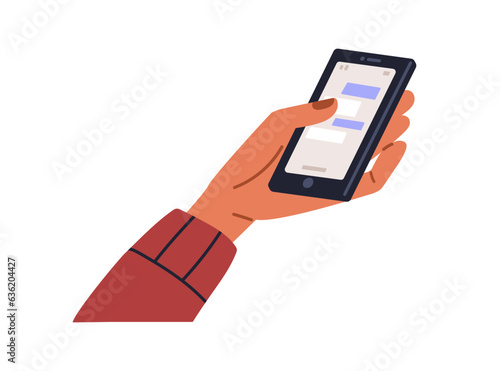 Hand holding smartphone, using instant message app, chatting online. Texting, digital correspondence on mobile phone, cellphone screen. Flat graphic vector illustration isolated on white background