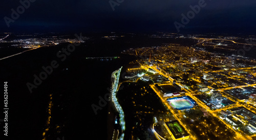 Ufa, Russia. Panorama of the city center. Night city lights. Aerial view