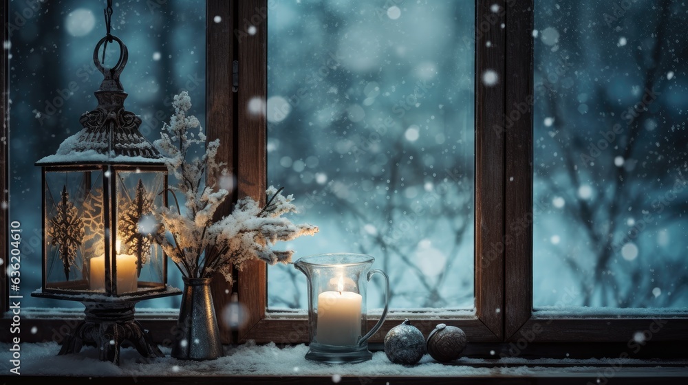 Christmas lamp and decor on the windowsill in winter mood created with Generative AI technology Christmas lamp and decor on the windowsill in winter mood created with Generative AI technology