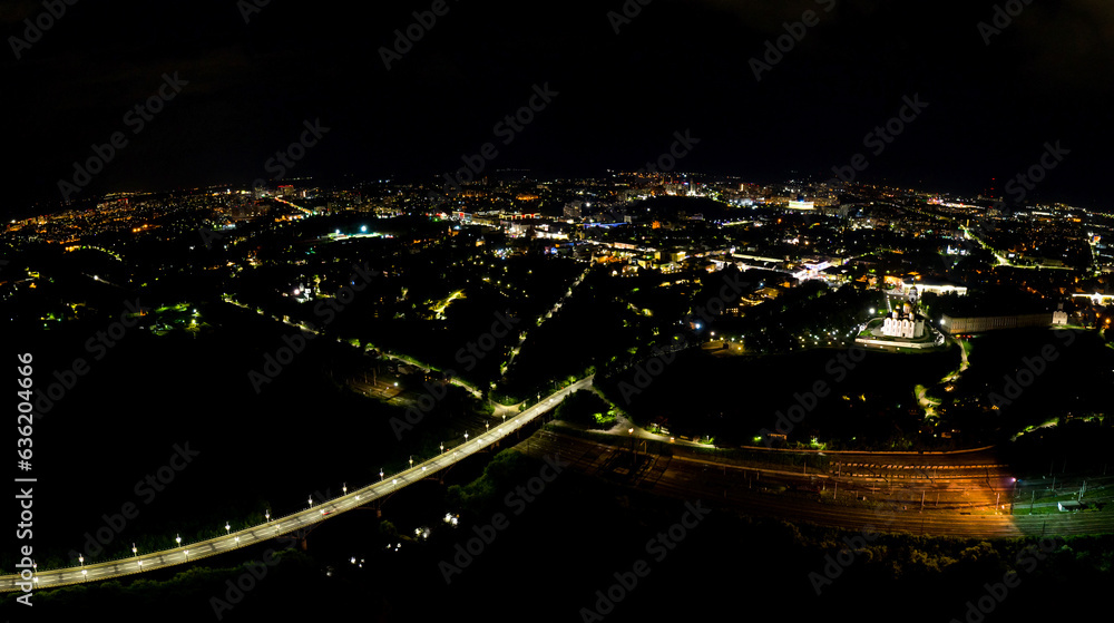 Russia, Vladimir. City center panorama. Night aerial view