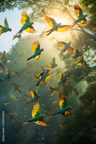 blue green and yellow Parrots flying in the air on a sunny day bellow the trees in the jungle