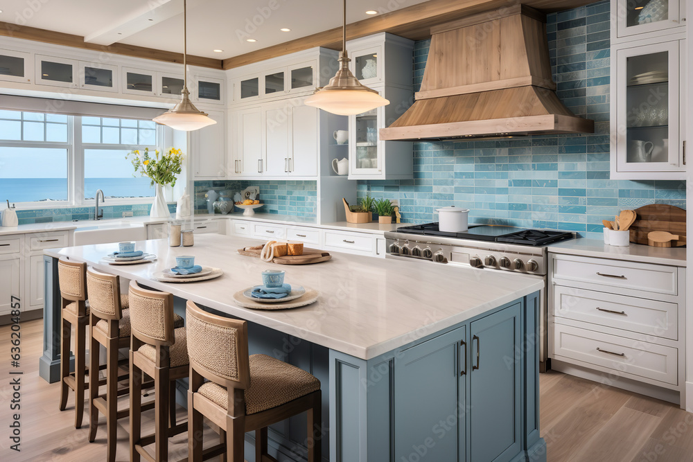 A coastal retreat in the form of a kitchen with a sea-blue backsplash, driftwood details, and touches reminiscent of the beach A coastal retreat in the form of a kitchen with a sea-blue backsplash, driftwood details, and touches reminiscent of the beach