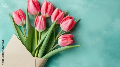 Bouquet of tulips in envelope. Flat lay top view © alexxndr