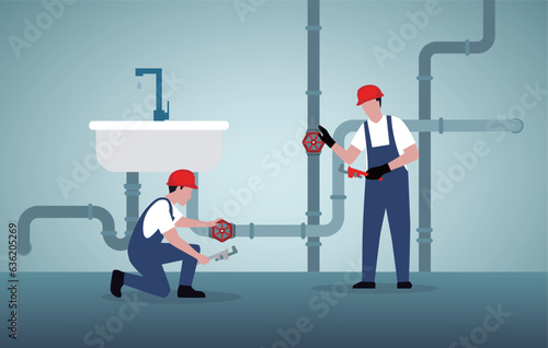 Plumber repairing pipe. Vector illustration.