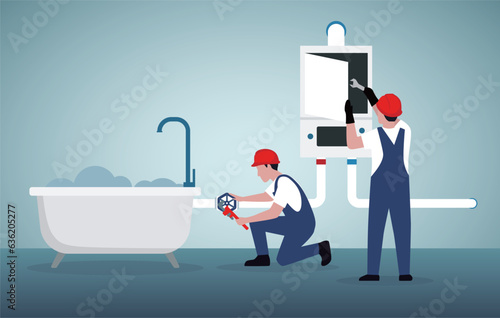 Plumber repairing pipe. Vector illustration.