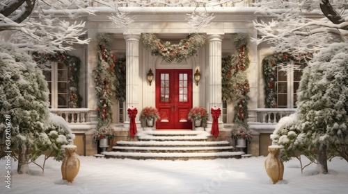 Porch and front door with beautiful Christmas decor created with Generative AI technology © pvl0707