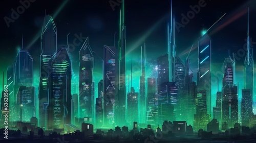 Cyberpunk City Skyline with Green and Blue Neon ligh