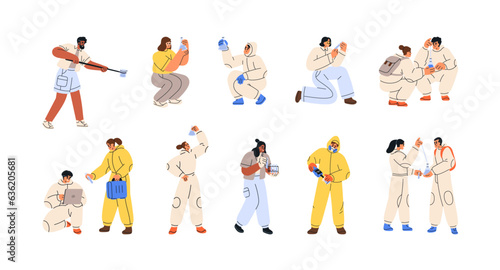 Scientists take samples for science research, test water quality. Collecting aqua into glass tubes, flasks for infection virus analysis. Flat graphic vector illustrations isolated on white background