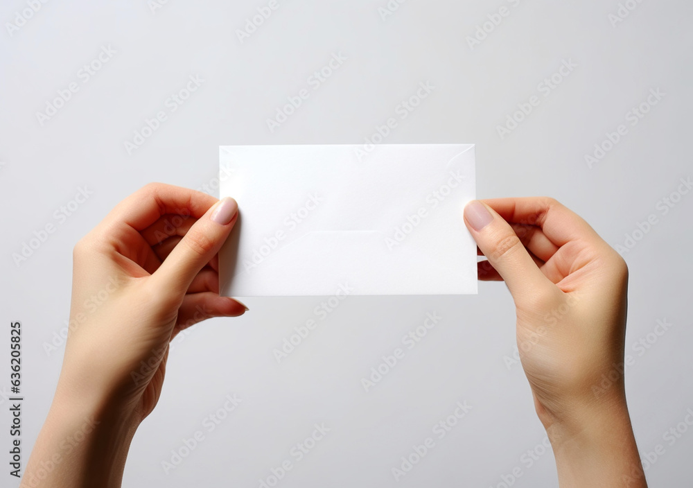 Close up women holding paper blank a4 size for letter paper on a grey background. Close up women holding paper blank a4 size for letter paper on a grey background.