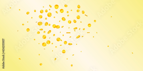 Indian rupee coins falling. Scattered gold INR