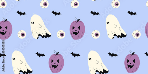 Cute Halloween seamless pattern with ghost, pumpkin and eyes on blue background. Halloween various elements. Pattern for wrapping paper and print design. Vector stock illustration in cartoon style.