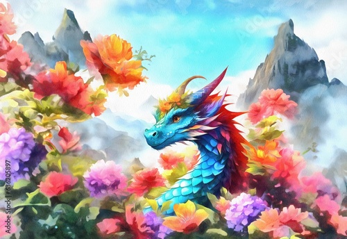 Dragon with flowers AI watercolor