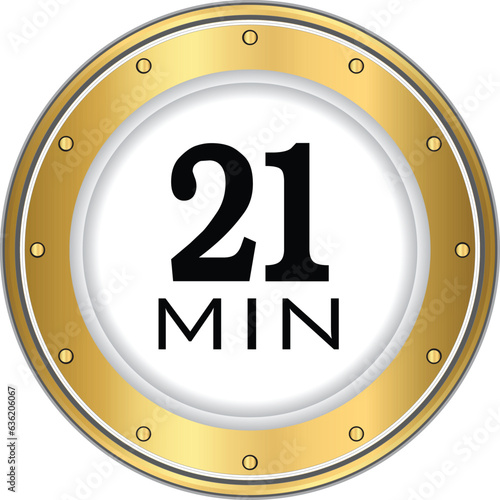 21 minute icon. Symbol for product labels. Different uses such as cooking time, cosmetic or chemical application time, waiting time . 21min time circle icon. isolated background.
