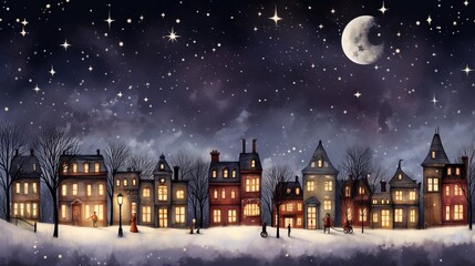 Cute Christmas houses in a row. Christmas New Year banner.  Cozy winter scene illustration in vintage style