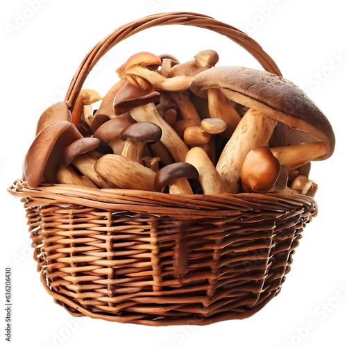Wicker basket of mushrooms, white background no shadow