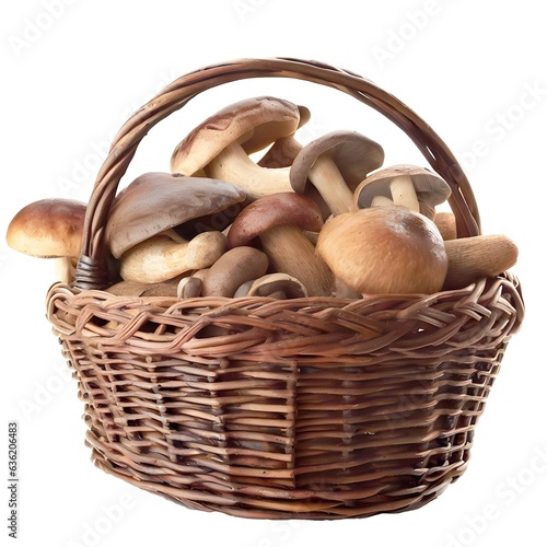 Wicker basket of mushrooms, white background no shadow