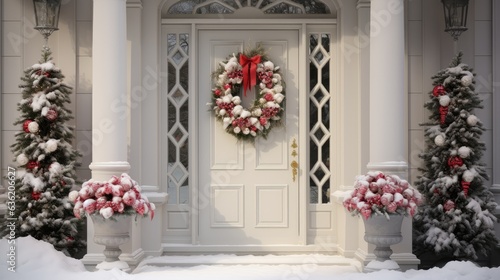 Porch and front door with beautiful Christmas decor created with Generative AI technology © pvl0707