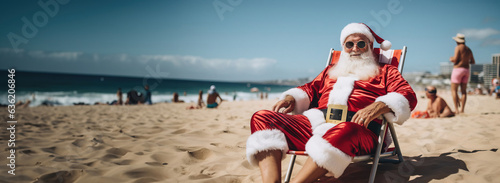 Santa Claus is on vacation  Santa Claus is resting on the beach  copy space. Created using generative AI technology.