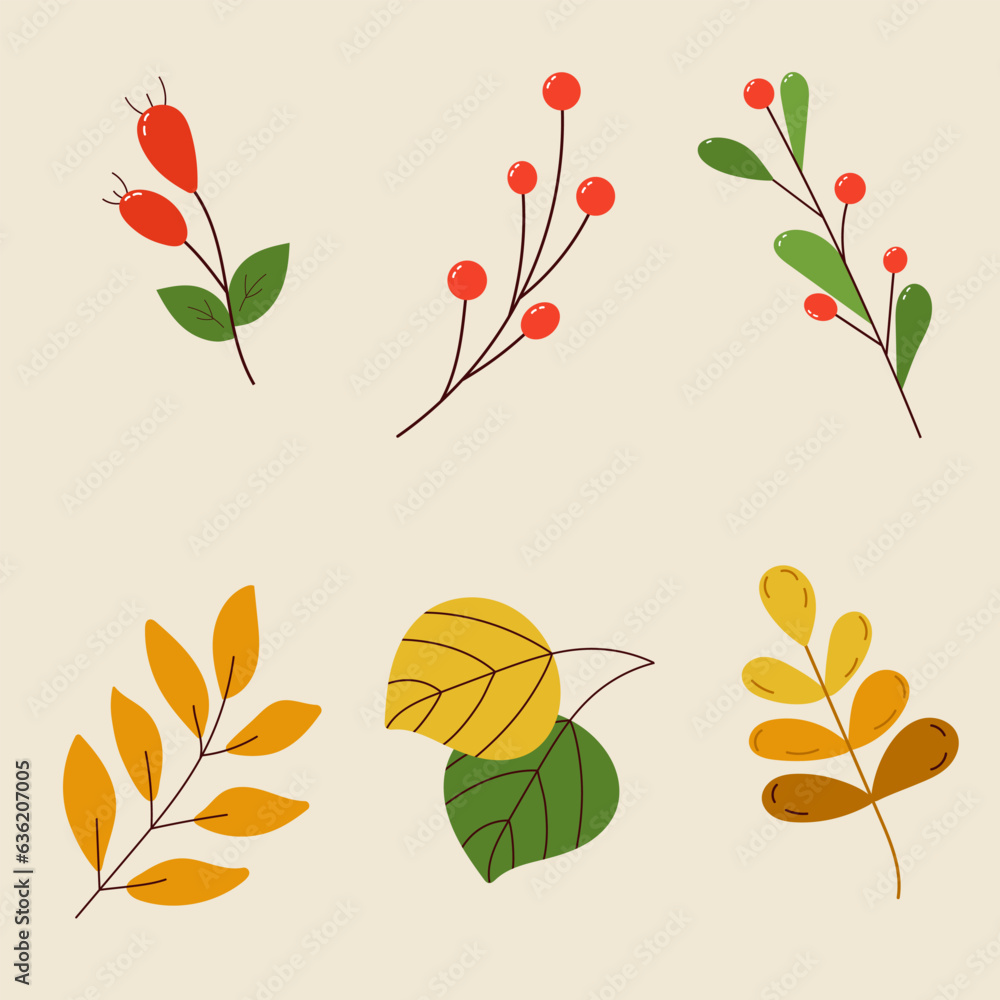Set of autumn leaves and berries. Hand drawn elements. Vector illustration