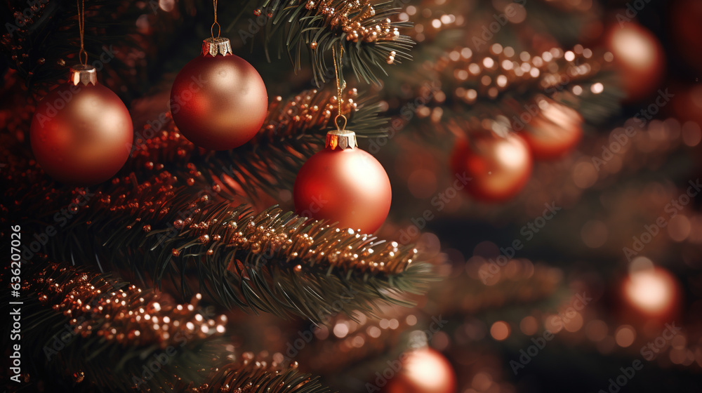 Christmas tree decorations background with copy space. Christmas, New Year wallpaper. AI