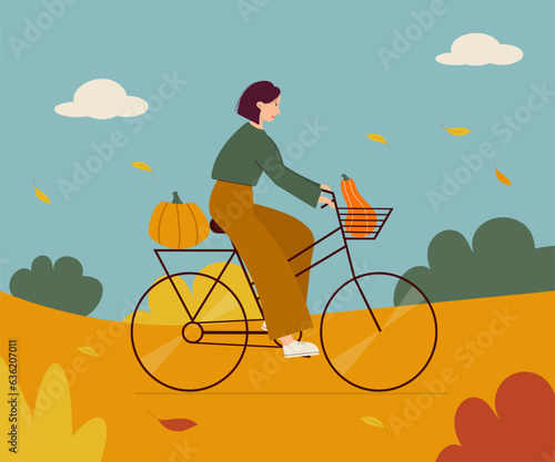 A girl on a bike ride in an autumn park. Cozy autumn illustration in flat style