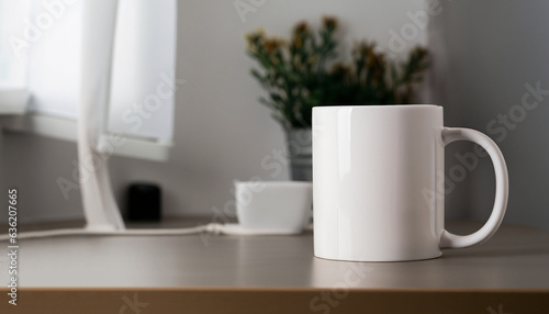 Mock up minimalist white ceramic mug in office  living room setting