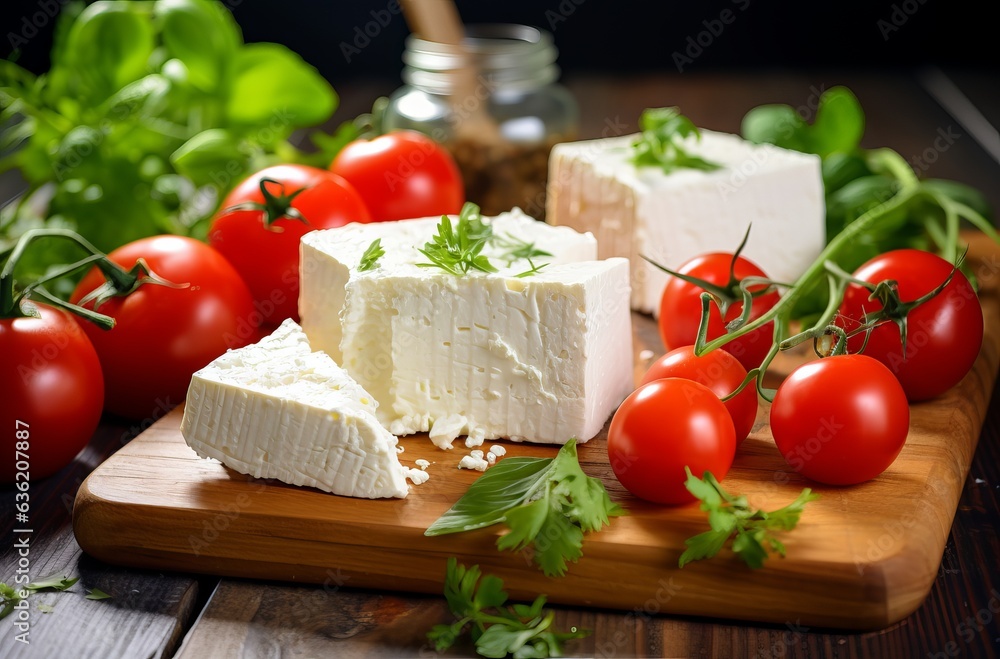 White cheese with tomato and olive oil. White cheese with tomato and olive oil.