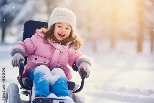 kid in wheelchair playing in the snow