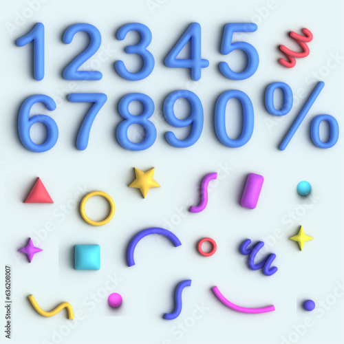 3D Numbers and Party Confetti Set. Render Plasticine Confetti Collection. Colorful Firecracker Elements in Various Shapes. Party, Holyday, Surprise or Birthday Events. Vector Illustration