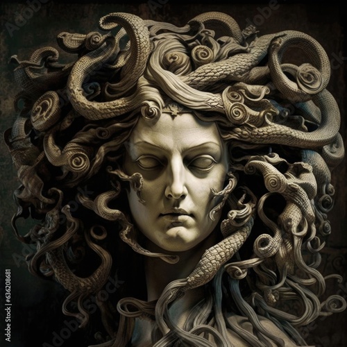 Medusa. Volto, Pietra, Serpenti, Pietra, Testa, Scultura, Statua, Mitologica, Gorgone. Illustrazione di scultura mitologica. Creatura scolpita nel marmo in stile greco italiano classico rinascimento.