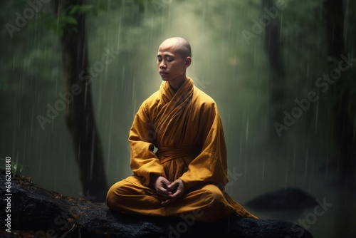 Fotobehang Monk meditation forest prayer. Generate Ai