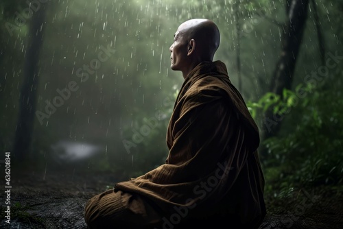 Foto Monk meditation forest rain. Generate Ai
