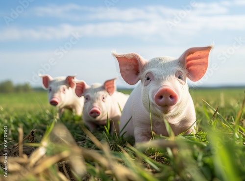 beautiful pigs on a green meadow © alexxndr