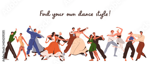 Couples, partner dances of different styles, banner background. Dancer school, studio class advertising. Man and woman pairs performing ballet, waltz, bachata, tango. Flat vector illustration