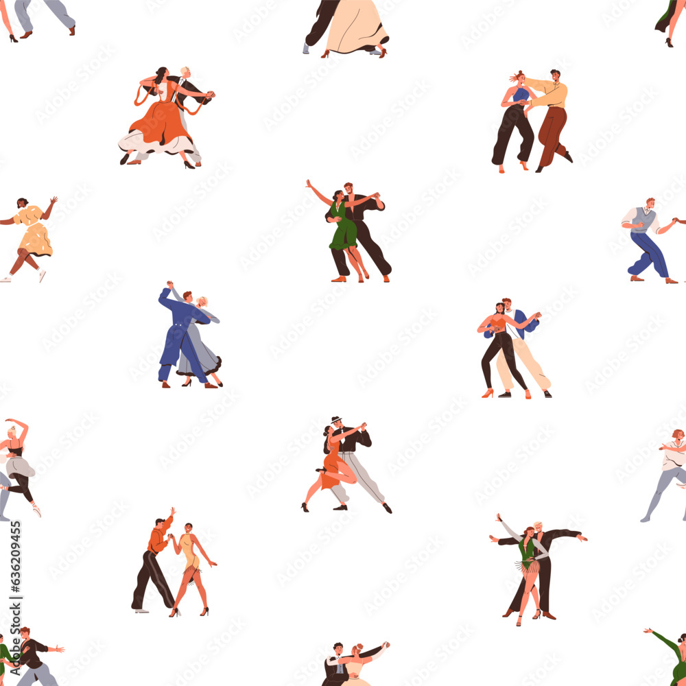 Dancers couples, seamless pattern. People, man and woman pairs, partner dances styles. Endless choreography background, repeating print. Flat vector illustration for textile, fabric, wallpaper