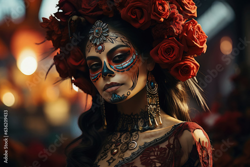 Beautiful woman dancing mexican for the Day of the Dead , Perfect beautiful dia de muertos background , Created with generative AI photo