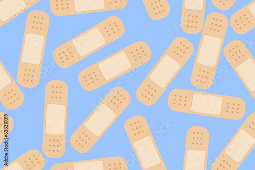 Scattered flat beige medical plasters on blue background. Group of medical band aids, seamless pattern. Vector Illustration. EPS 10.
