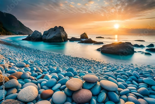 sunset over the sea and pebbles  © Farzana