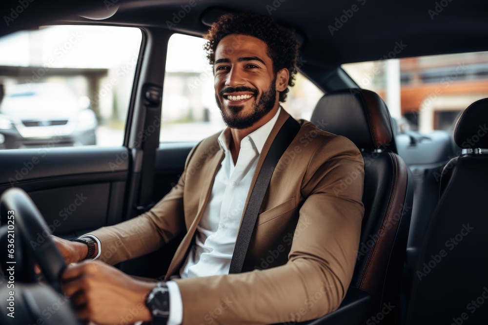 a man driving a car. He is wearing a white shirt and a brown blazer, and holding the steering wheel with both hands. The car has black leather seats. Generative AI